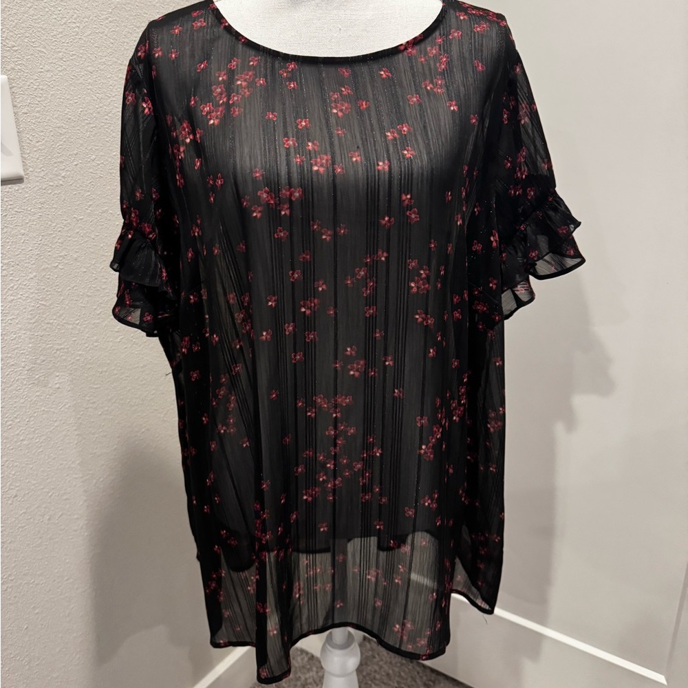 Lane Bryant Sheer Black Blouse with Red Floral Pattern